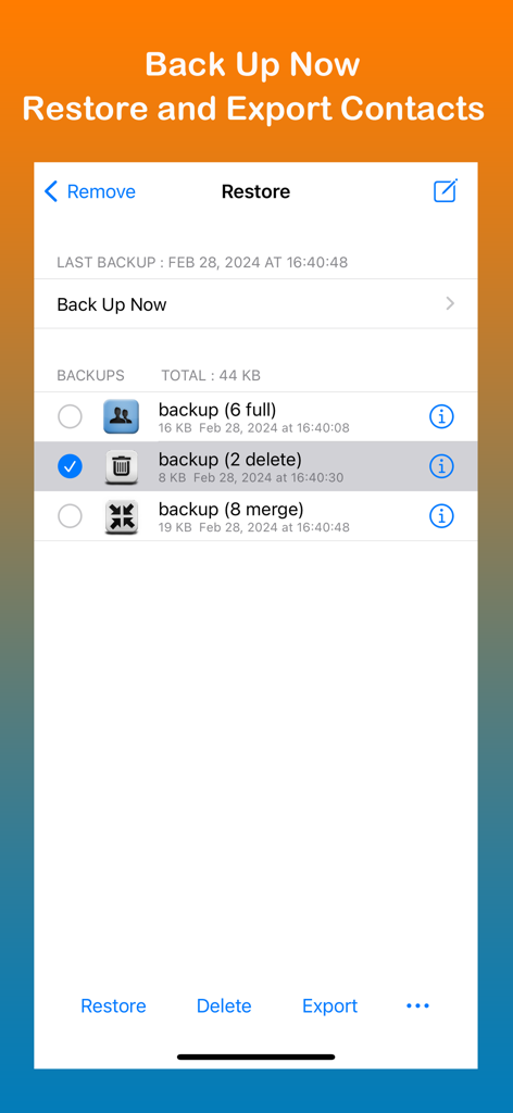 Remove Duplicate Contacts + - Interfaz de la aplicación móvil mostrando la pantalla de copia de seguridad y restauración de contactos con una lista de copias de seguridad de contactos guardadas
