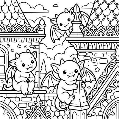 Meet these delightful Kawaii gargoyles, ready to be brought to life with your favorite colors as they playfully perch on an enchanting gothic building. This unique coloring page combines charm and architectural wonder for a truly engaging experience.