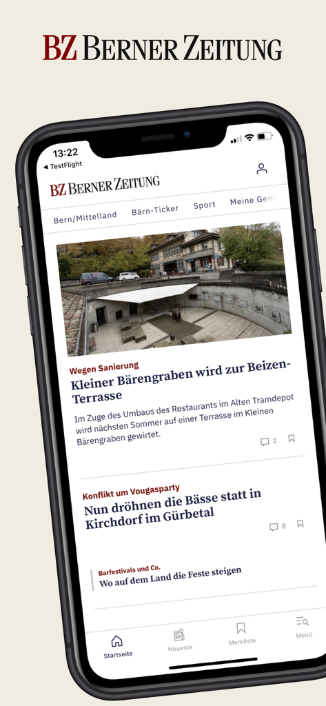 BZ Berner Zeitung News - BZ Berner Zeitung mobile news app interface on an iPhone displaying local headlines