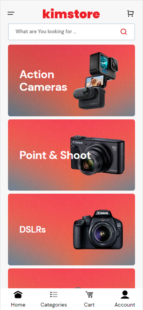 KimStore - KimStore Mobile App-Bildschirm zeigt Kategorien für Action-Kameras, Point-and-Shoot und DSLRs