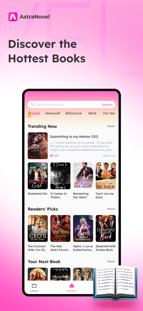 AstraNovel - Infinite Stories - AstraNovel mobile app interface displaying trending romance and billionaire stories for readers