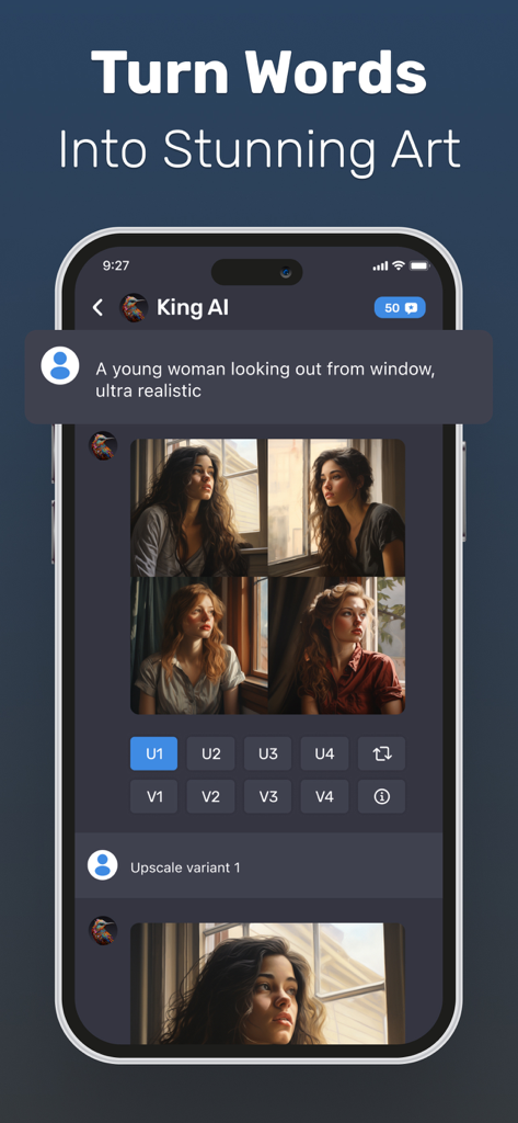 A smartphone screen showing the MiM Studio app generating realistic AI portraits from a text prompt.