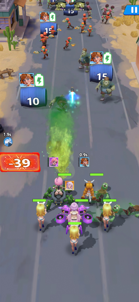 배틀 키스 게임 플레이로, 사막 환경에서 좀비와 싸우는 캐릭터들을 보여줍니다.