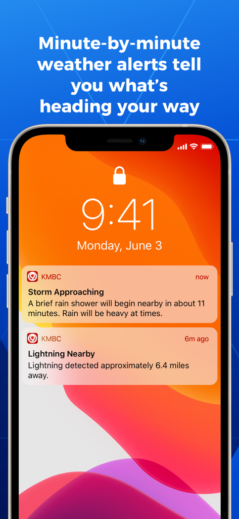 KMBC 9 News - Kansas City - iPhone lock screen showing minute-by-minute weather alerts from the KMBC 9 News app