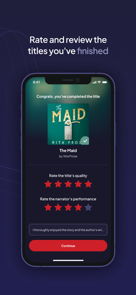 Voxa app interface for rating book quality and narrator performance after completing an audiobook.