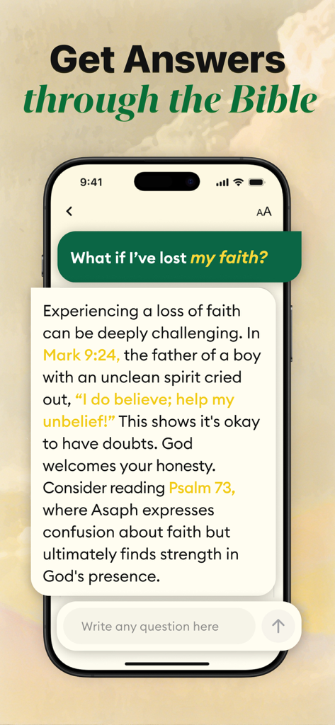 Holify: Bible Study & Chat - Holify app interface showing an AI powered chat conversation answering spiritual questions with bible verses