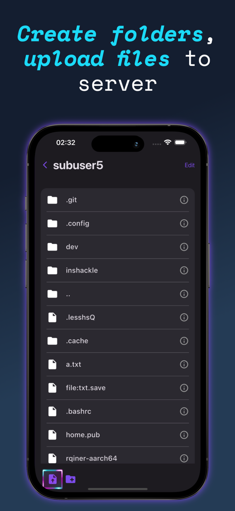 Termux - Termux mobile app screen showing a file manager interface for creating folders and uploading files to a remote server.