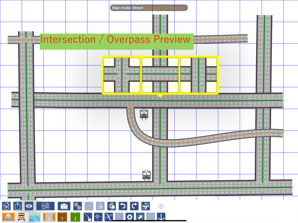 Custom map creation interface showing road intersection and overpass preview options on an iPad.