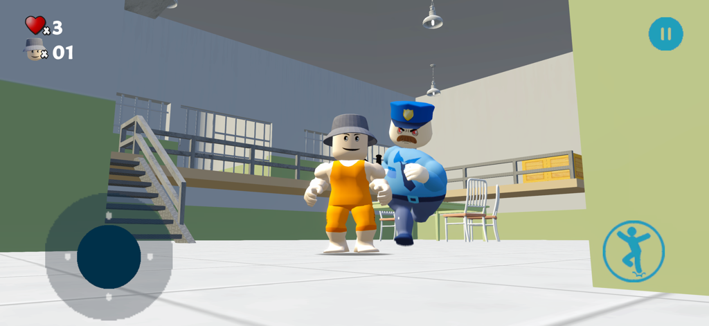 Parkour Escape Prison Breakout - A 3D action gameplay scene where a security guard chases a prisoner in an orange jumpsuit