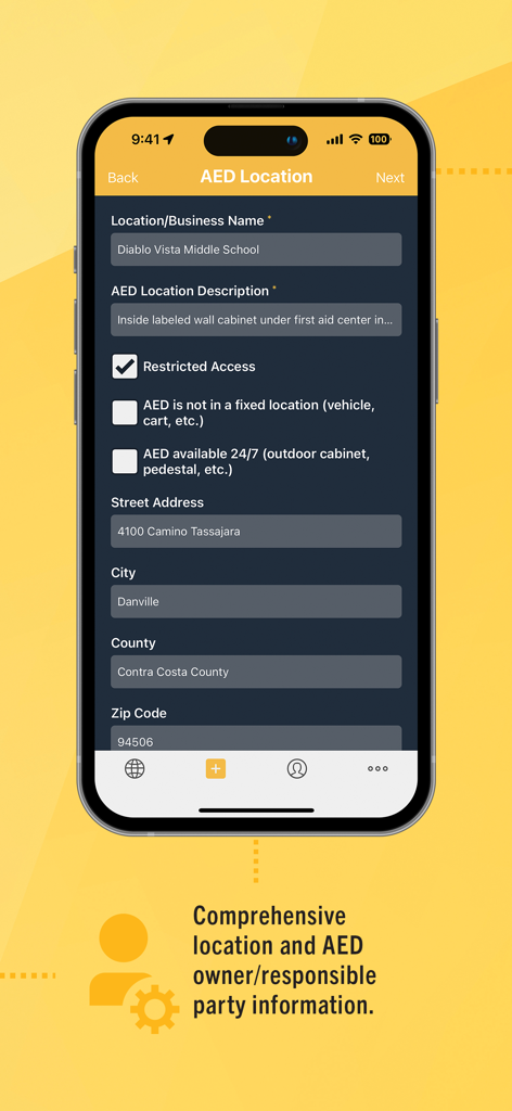 PulsePoint AED app screen for entering detailed location and access information for a new AED device registration.