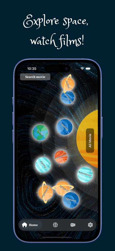 GameBox:Screw Cine Buzz - Mobile app screen showing movie genres as colorful planets in a starry space theme.