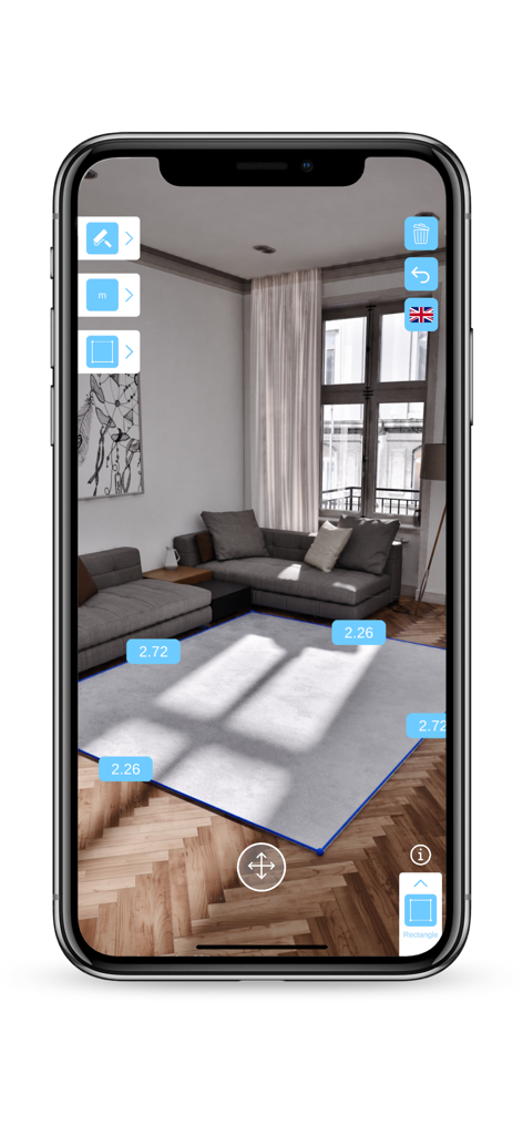 AR Measure Lidar app interface measuring a gray rug on a wooden floor in a living room