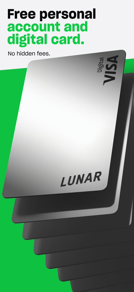 Lunar app promotional screen showcasing a digital Visa card and free personal account offer with no hidden fees.