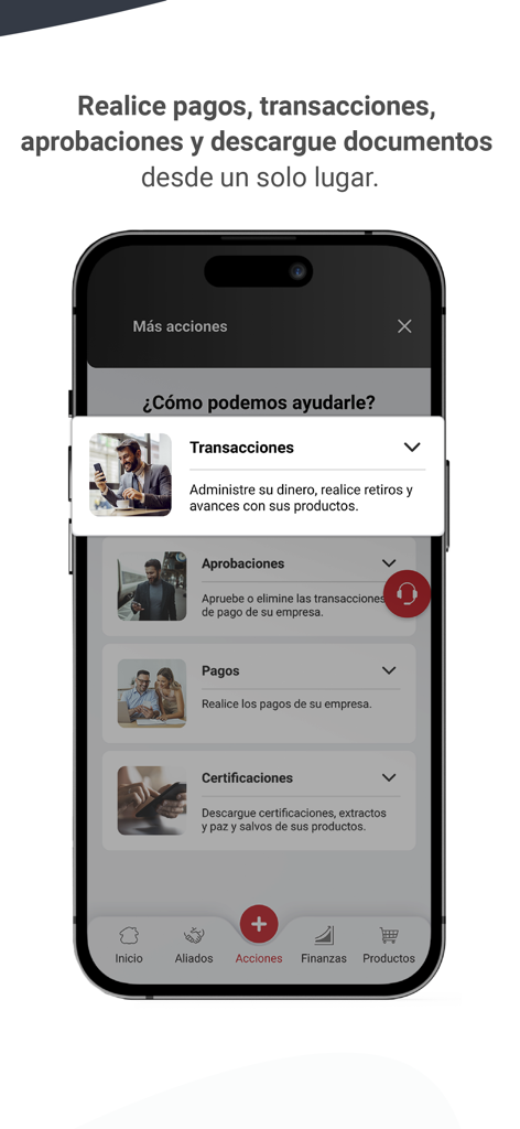 Schermata dello smartphone che mostra il menu azioni aggiuntive dell'app Davivienda Movil Empresas con opzioni per transazioni, approvazioni e pagamenti.