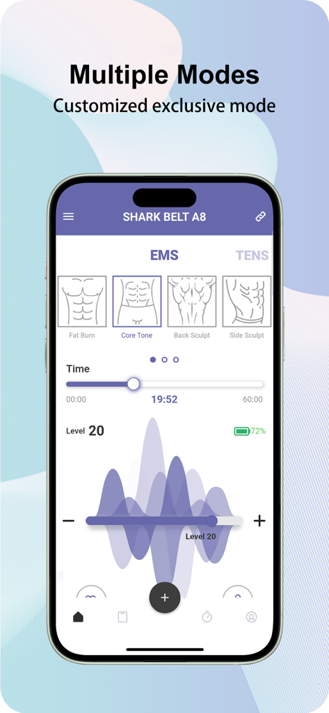DOMAS - Schermata dell'app DOMAS che mostra le modalità di terapia EMS e TENS per la stimolazione muscolare.