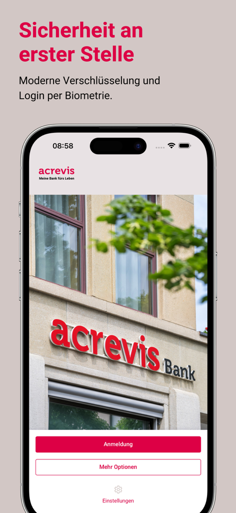 Pantalla de inicio de la aplicación bancaria acrevis con opciones de inicio de sesión seguro en un smartphone.