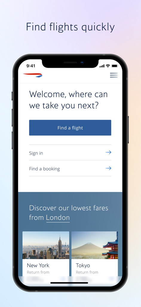 British Airways app home screen showing options to find a flight sign in and discover low fares