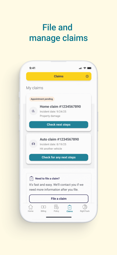 Liberty Mutual Mobile app interface showing home and auto insurance claims tracking and filing options