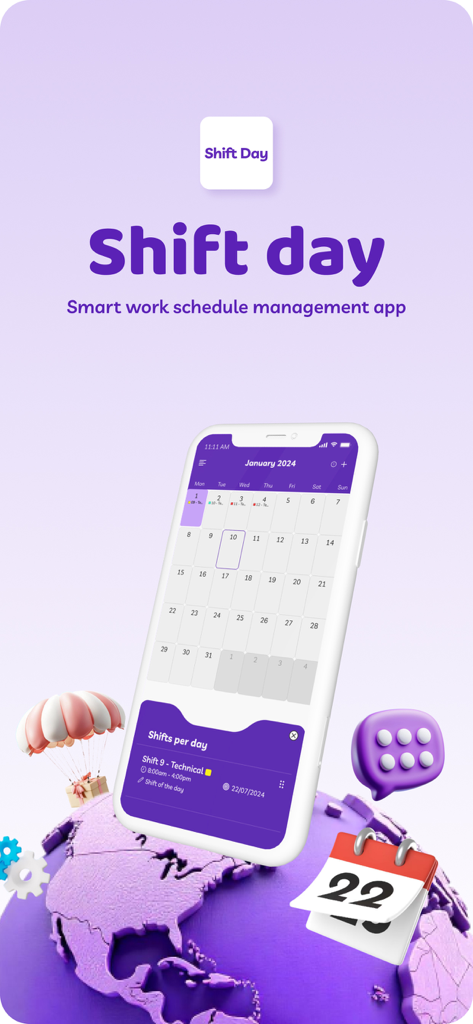 A smartphone showing the Shift Day app monthly calendar interface for work schedule management.