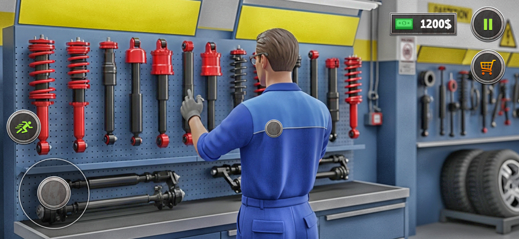 자동차 수리 차고에서 벽 선반에 있는 서스펜션 부품을 선택하는 정비사