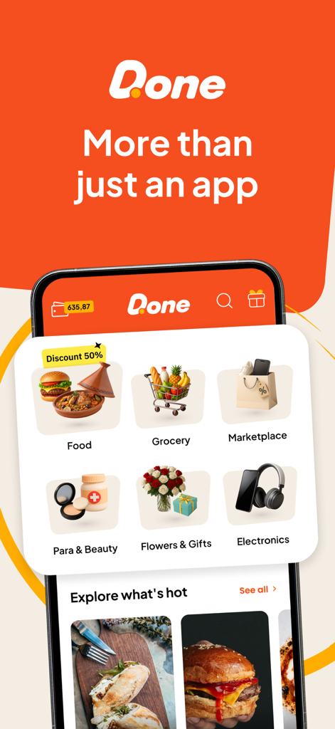Menu principale dell'app DONE con icone per i servizi di consegna di cibo, generi alimentari, regali ed elettronica