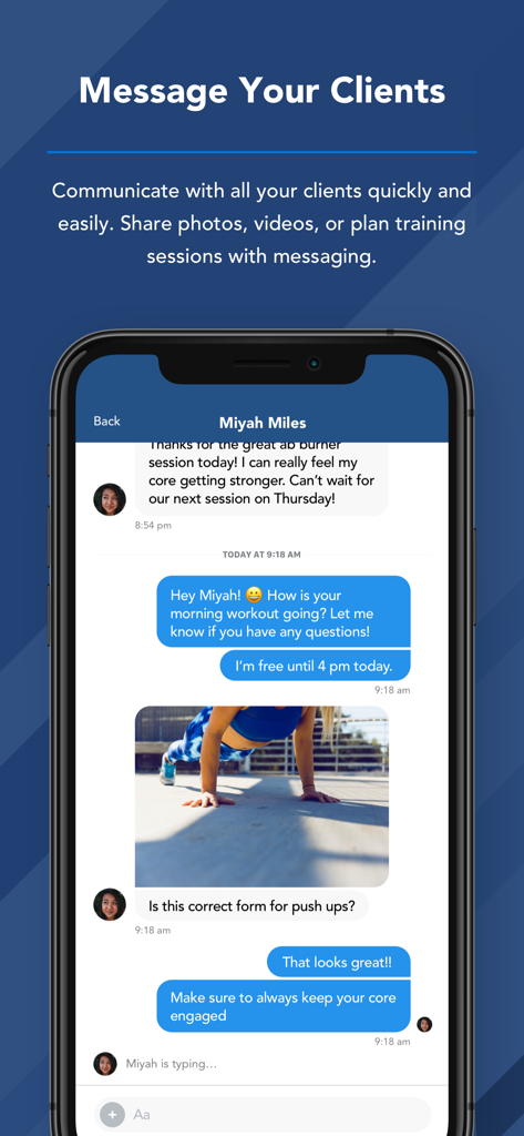 NASM EDGE app messaging screen showing a personal trainer communicating with a client about their workout form
