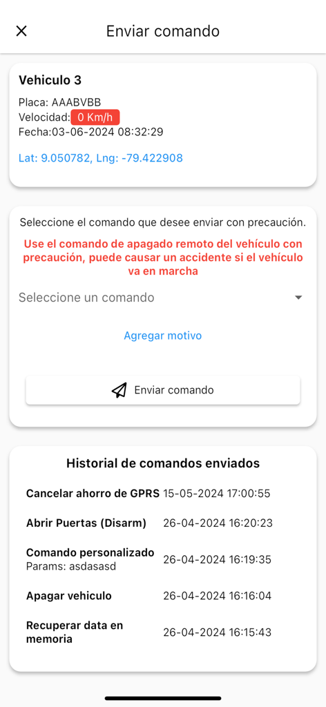 Interface for sending remote vehicle commands and viewing command history in the Rastreo GPS V3 app.