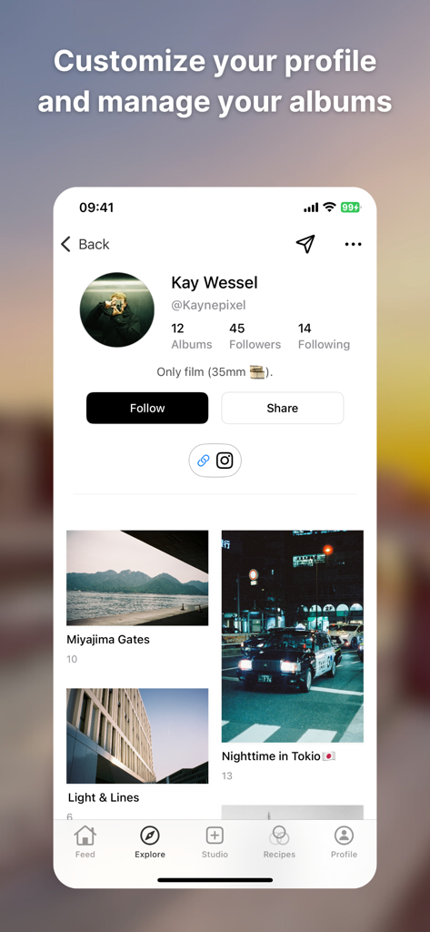 PostPic-Aesthetic Pics Editor - A screen from the PostPic app showing a user profile with curated photo albums and a bio focusing on film photography.