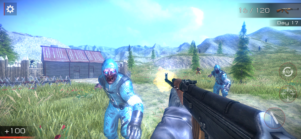 First person shooter perspective of a player firing an assault rifle at zombies in an open field near a fortified wooden house.