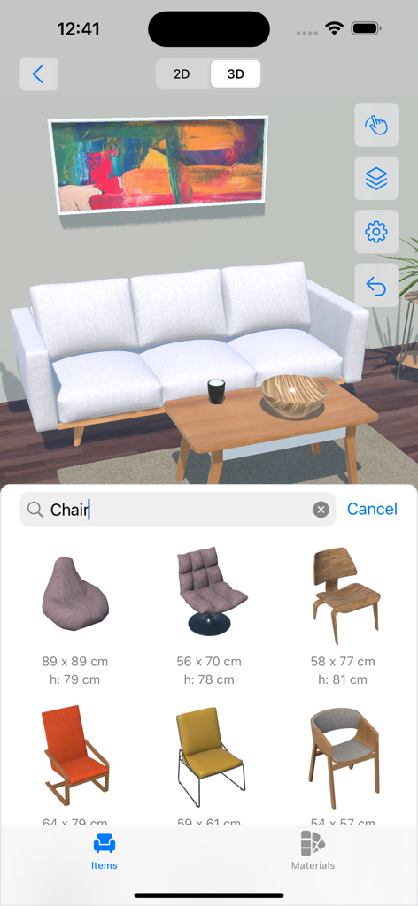 A 3D living room design project in the 4Plan app featuring a furniture selection menu for chairs.