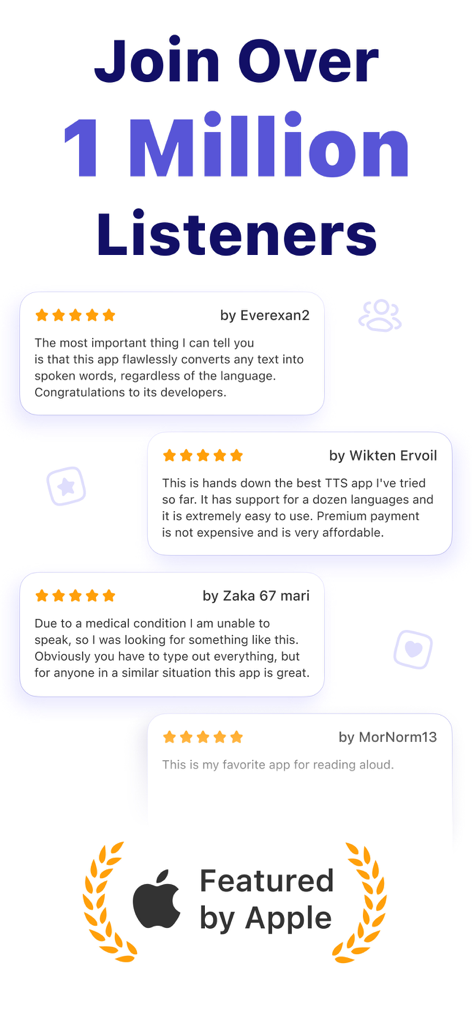 Text to Speech – Reading Aloud - User reviews and Apple featured badge for the Text to Speech Reading Aloud app