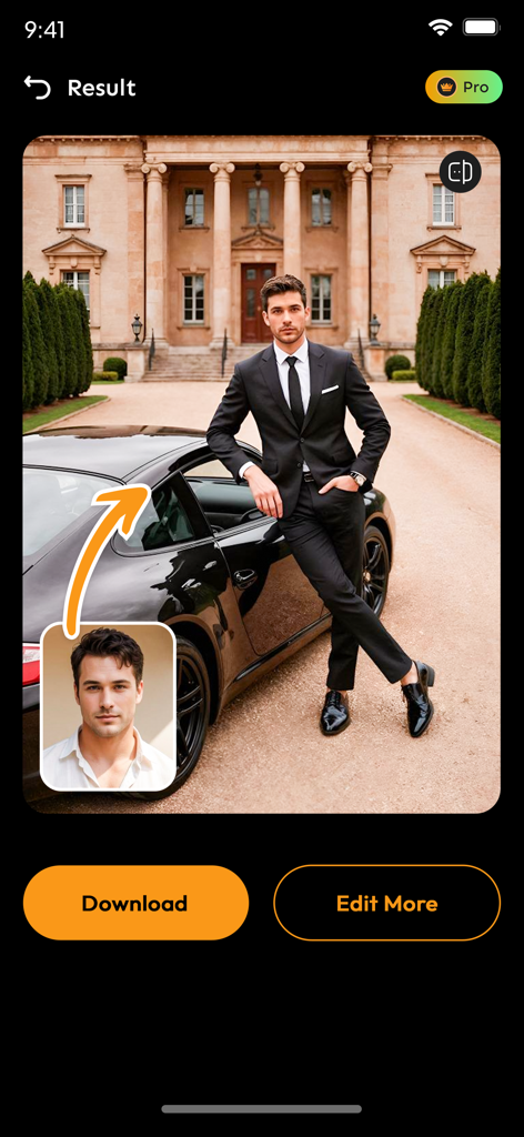 AI Face Swap - New Look - AI face swap result showing a man in a black suit leaning on a luxury sports car in front of a mansion