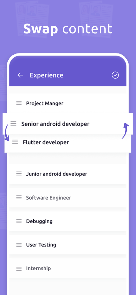 CV Maker: Resume Builder App - Mobile App-Oberfläche, die zeigt, wie Stellen Erfahrungsabschnitte in CV Maker getauscht und neu geordnet werden.