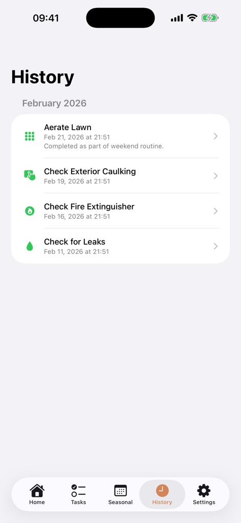 History screen of the HomeKeep app showing a list of completed home maintenance tasks with dates and notes