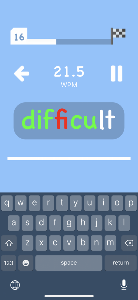 Type Flash - typing game - Mobile screen showing Type Flash app with a words per minute typing test and an on-screen keyboard.