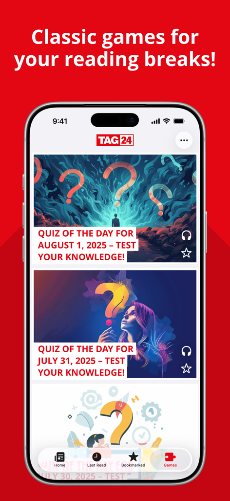 TAG24 NEWS - TAG24 NEWS app screenshot displaying the daily knowledge quizzes and games section for reading breaks.