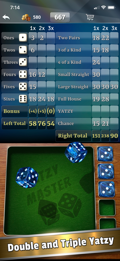 Yatzy Dice Master gameplay showing a detailed scorecard and 3D blue dice on a green felt table