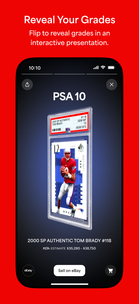 PSA: Card Scanner & Grading - PSA app screen showing a PSA 10 grade reveal for a Tom Brady rookie football card with an option to sell on eBay