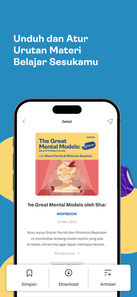 Inspigo Learning Experience - Inspigo app screen showing a book summary for The Great Mental Models with options to save and download.