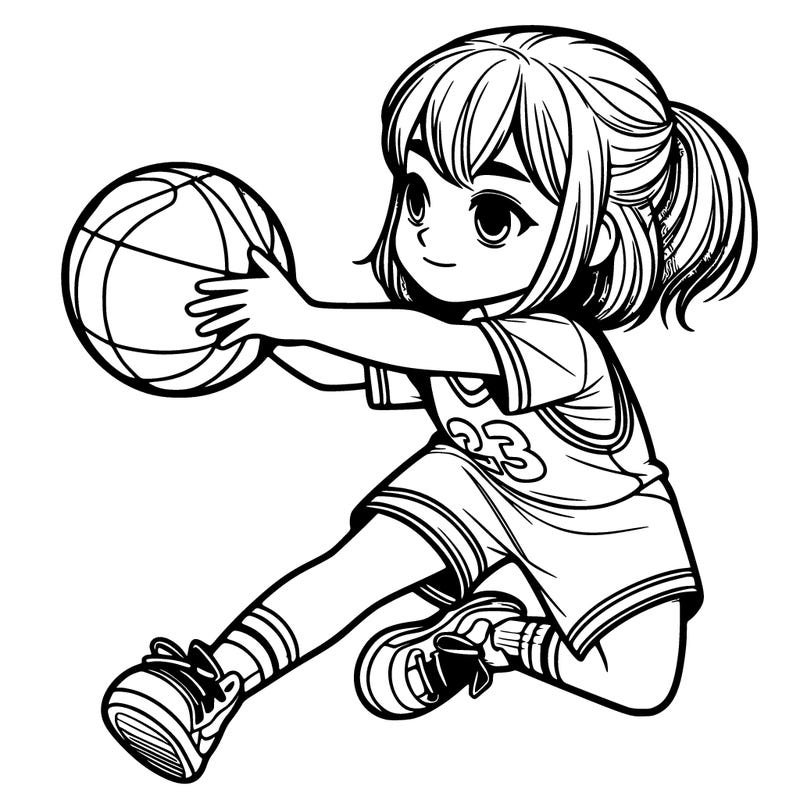 realistic girl, playing basketball