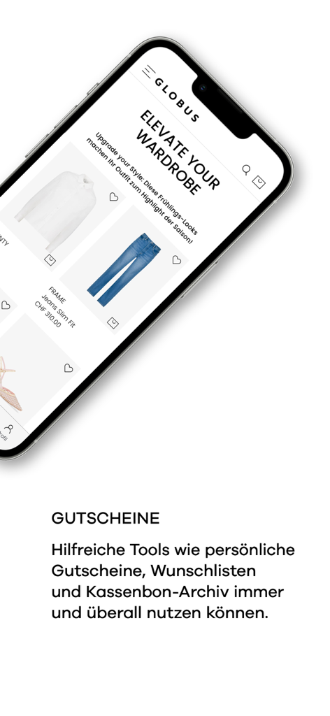Tela do iPhone exibindo a coleção de moda de luxo do aplicativo Globus e recursos de assistente de compras.