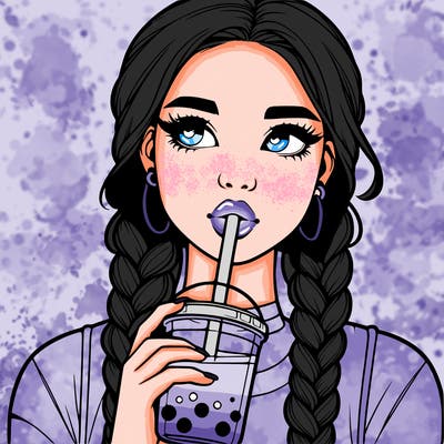 realistic girl with braided hair drinking boba
