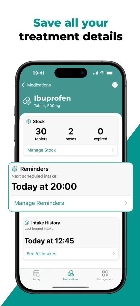Écran de détails des médicaments dans l'application AppyCare affichant les niveaux de stock, les rappels et l'historique de prise