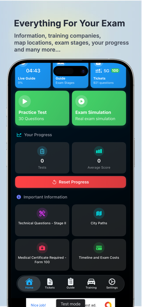 DriveX - Driver's License Exam - Dashboard principale dell'app DriveX con test di pratica, simulazioni d'esame e monitoraggio dei progressi per la patente di guida georgiana