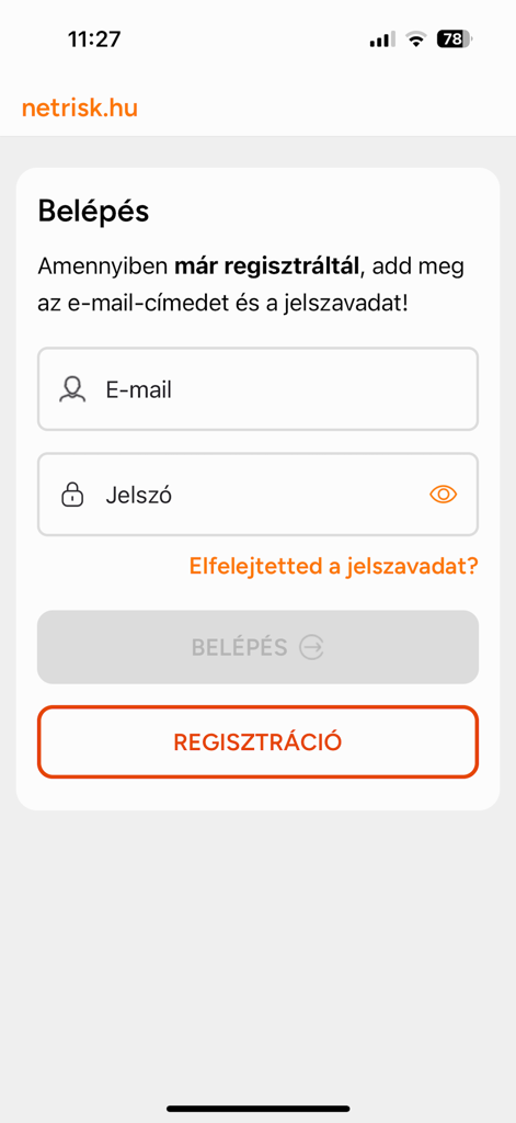 Netrisk - Login and registration interface of the Netrisk mobile app showing email and password fields