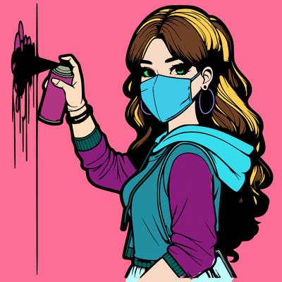 realistic girl with mask spray painting a wall