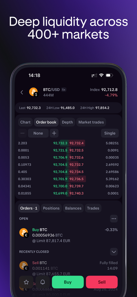 Kraken Pro: Advanced Trading - Interface de l'application mobile Kraken Pro montrant un carnet d'ordres Bitcoin détaillé et des outils de trading avancés.