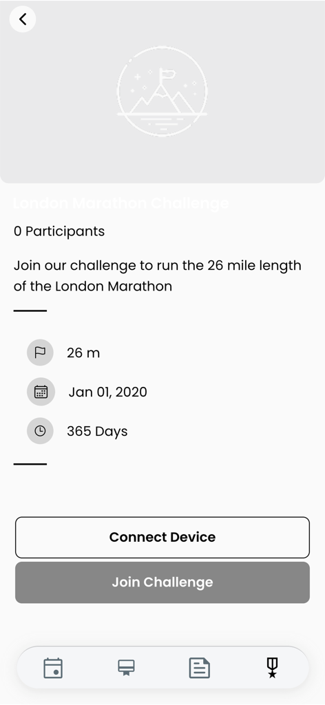 Tempo Wellness - Detalles del desafío de fitness del Maratón de Londres en la pantalla de la aplicación Tempo Wellness.