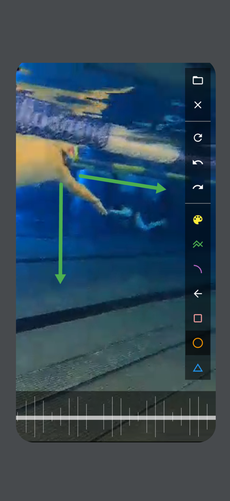 BeatBuddy Replay - BeatBuddy Replay video analysis interface showing a swimmer with green coaching arrows and drawing tools