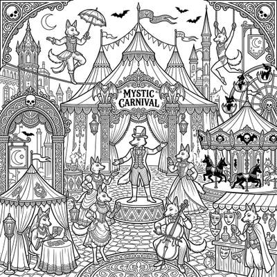 Dive into a world where the festive atmosphere of a carnival meets the elegant mystery of gothic design in this unique coloring page. Watch as clever jackals take center stage, performing enchanting acts amidst ornate tents and spooky fairground attractions.